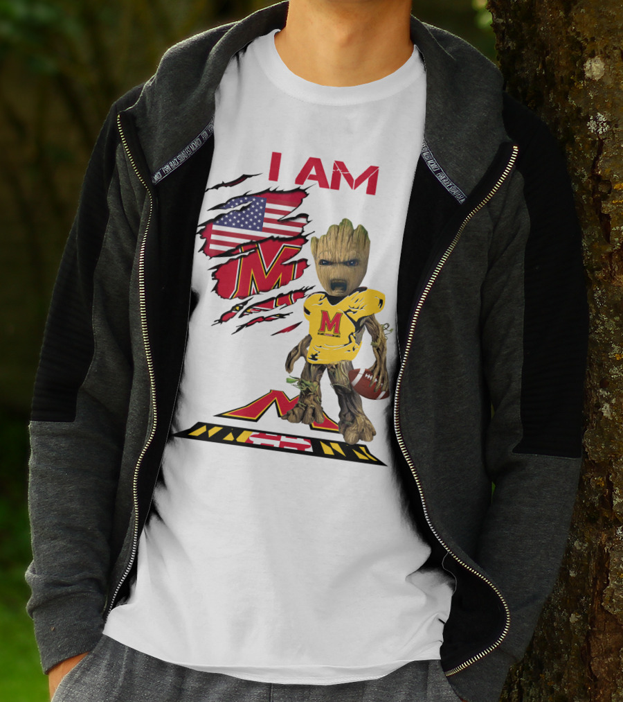 I Am Maryland Baby Groot Football M Logo American Flag T-Shirt