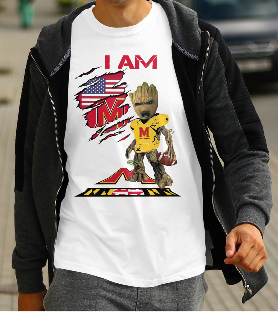 I Am Maryland Baby Groot Football M Logo American Flag T-Shirt