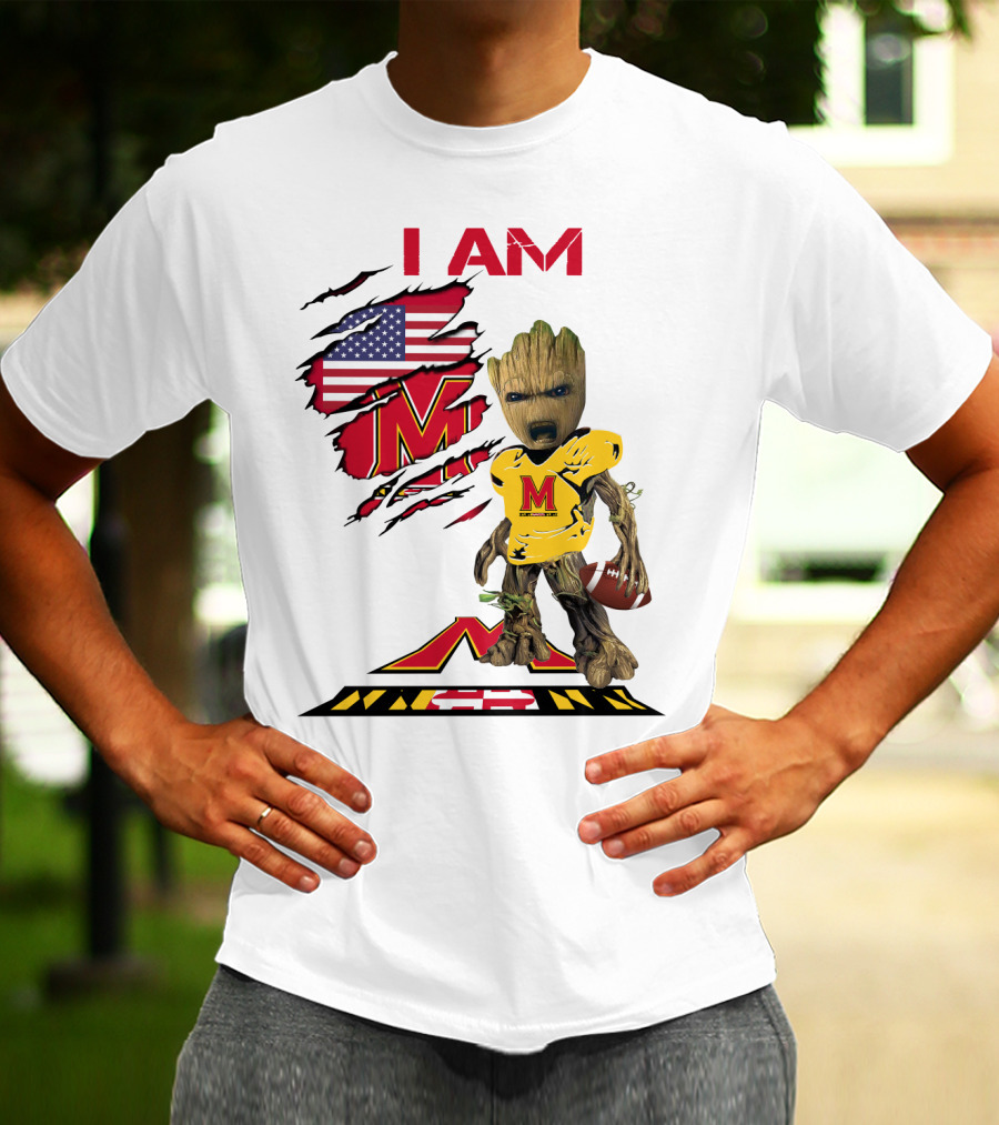 I Am Maryland Baby Groot Football M Logo American Flag T-Shirt