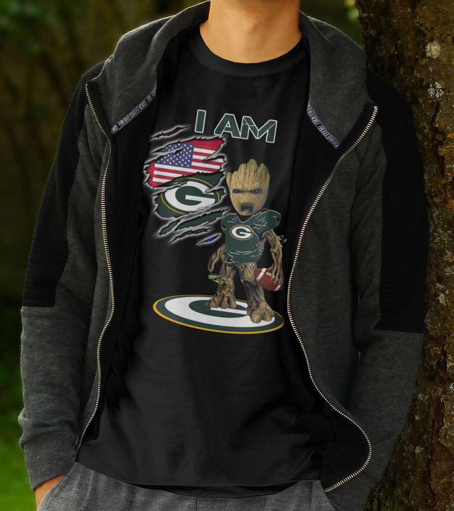 I Am Packers Baby Groot American Flag Football T-Shirt