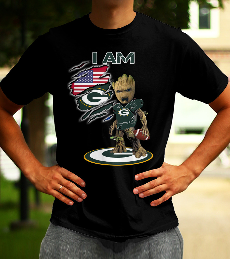 I Am Packers Baby Groot American Flag Football T-Shirt