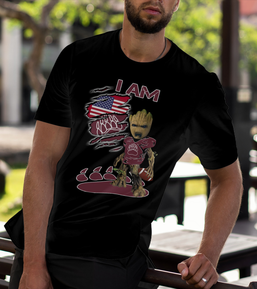 I AM American Flag Football Baby Groot Bear Paw T-Shirt
