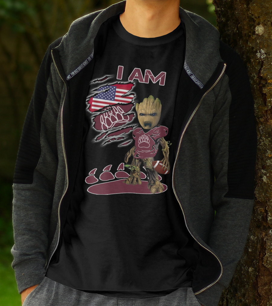 I AM American Flag Football Baby Groot Bear Paw T-Shirt