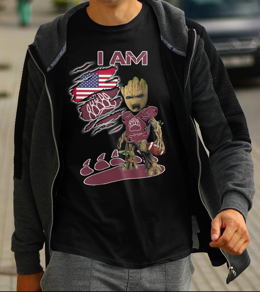 I AM American Flag Football Baby Groot Bear Paw T-Shirt