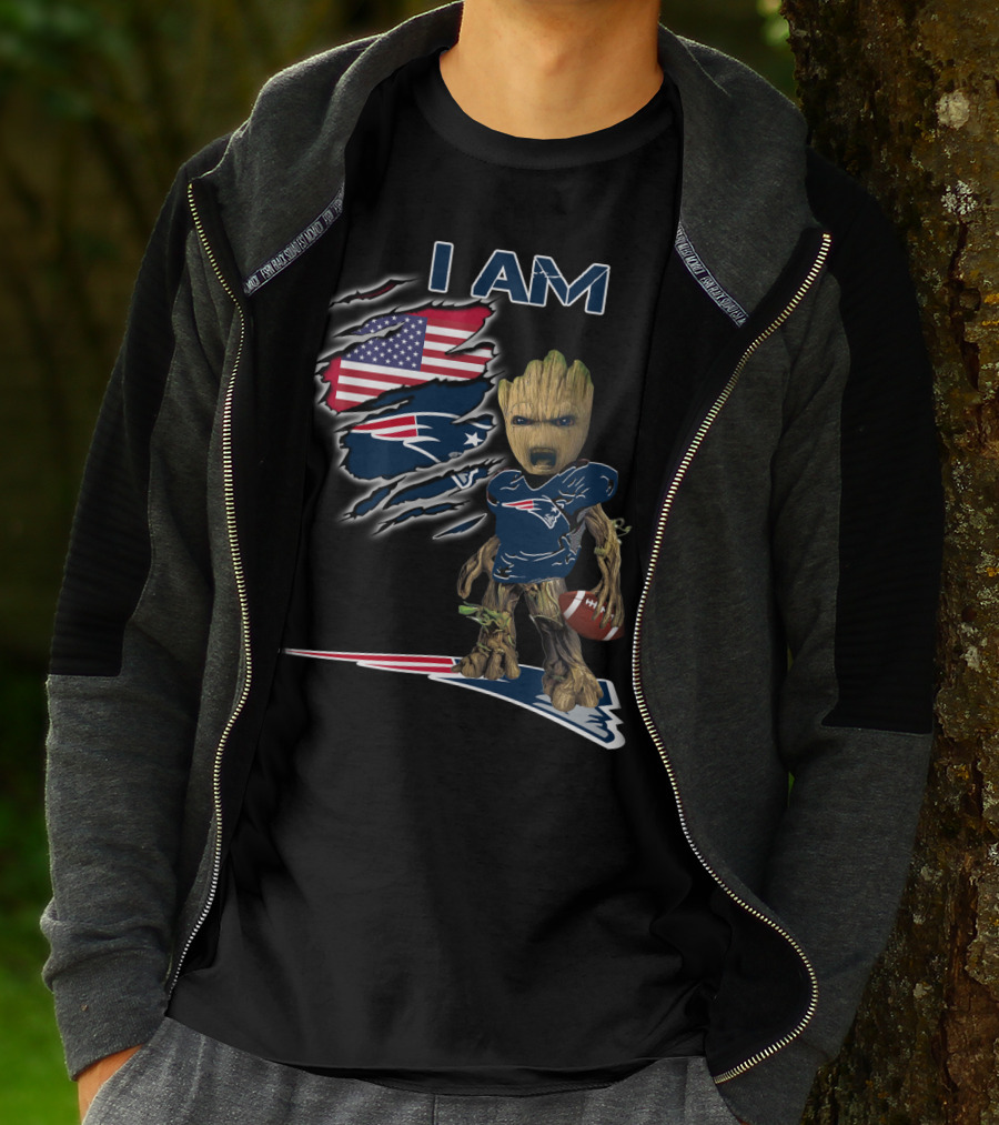 I AM Patriots Baby Groot American Flag Football T-Shirt