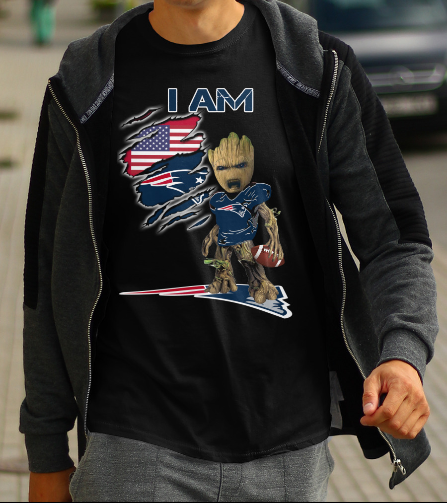 I AM Patriots Baby Groot American Flag Football T-Shirt