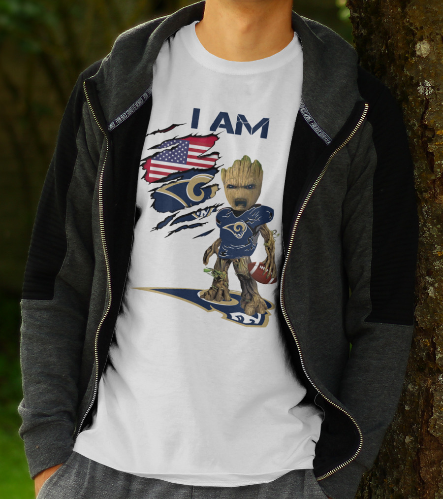 I AM Rams Baby Groot Football USA Flag T-Shirt