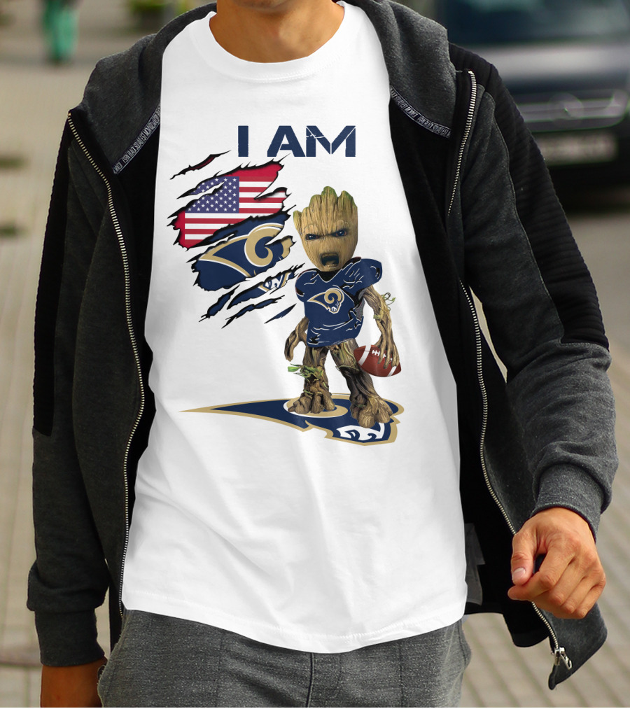 I AM Rams Baby Groot Football USA Flag T-Shirt