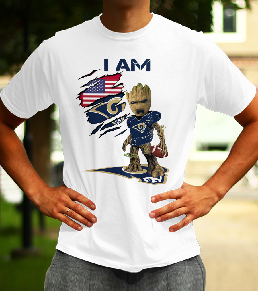 I AM Rams Baby Groot Football USA Flag T-Shirt