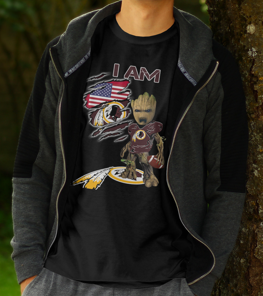 I Am Redskins Baby Groot Football American Flag T-Shirt
