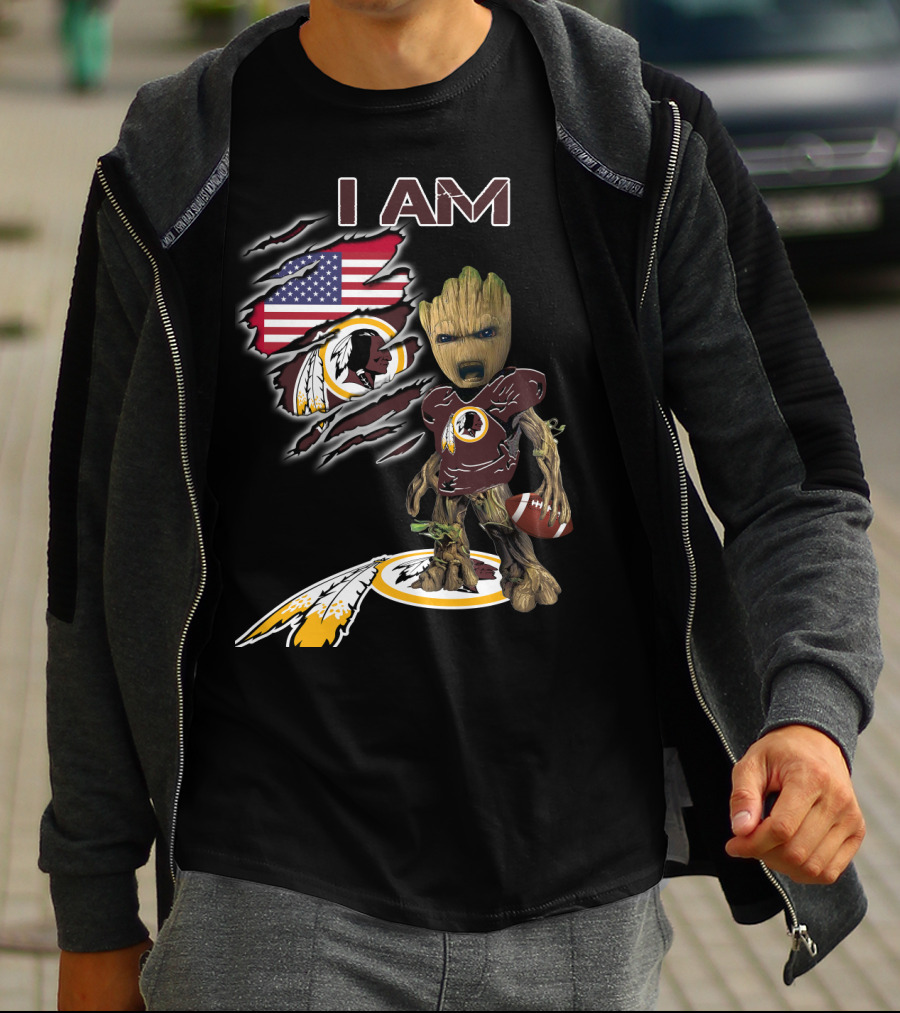 I Am Redskins Baby Groot Football American Flag T-Shirt