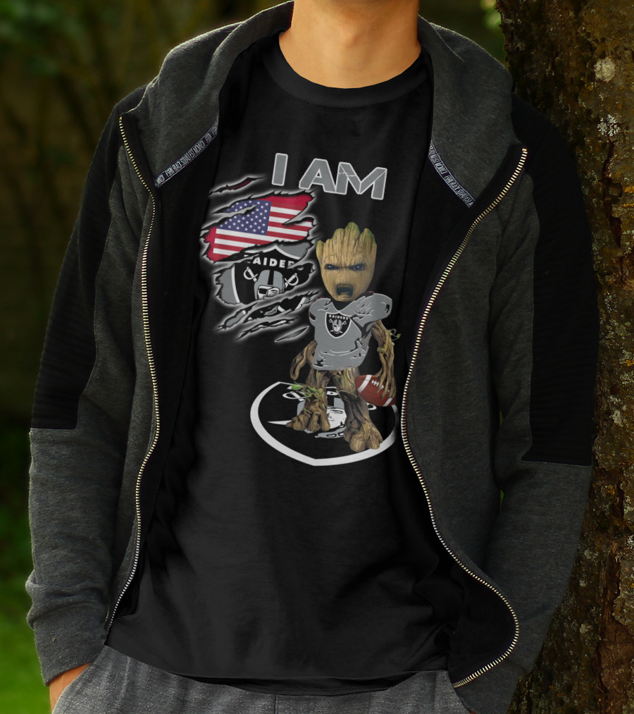 I AM Raiders Baby Groot American Flag Football T-Shirt