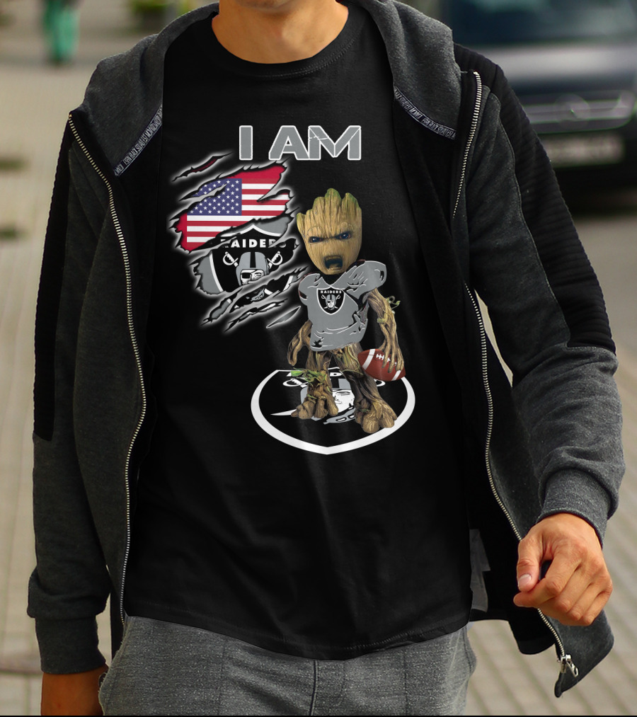 I AM Raiders Baby Groot American Flag Football T-Shirt