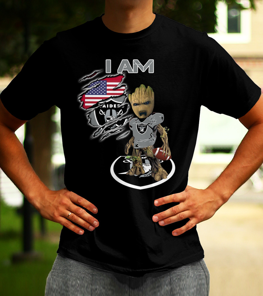 I AM Raiders Baby Groot American Flag Football T-Shirt