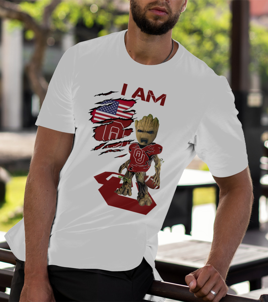 I AM Sooners Baby Groot Football USA Flag T-Shirt
