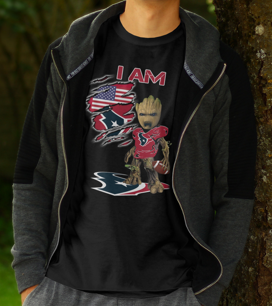 I Am Texans Baby Groot American Flag Football Fan T-Shirt