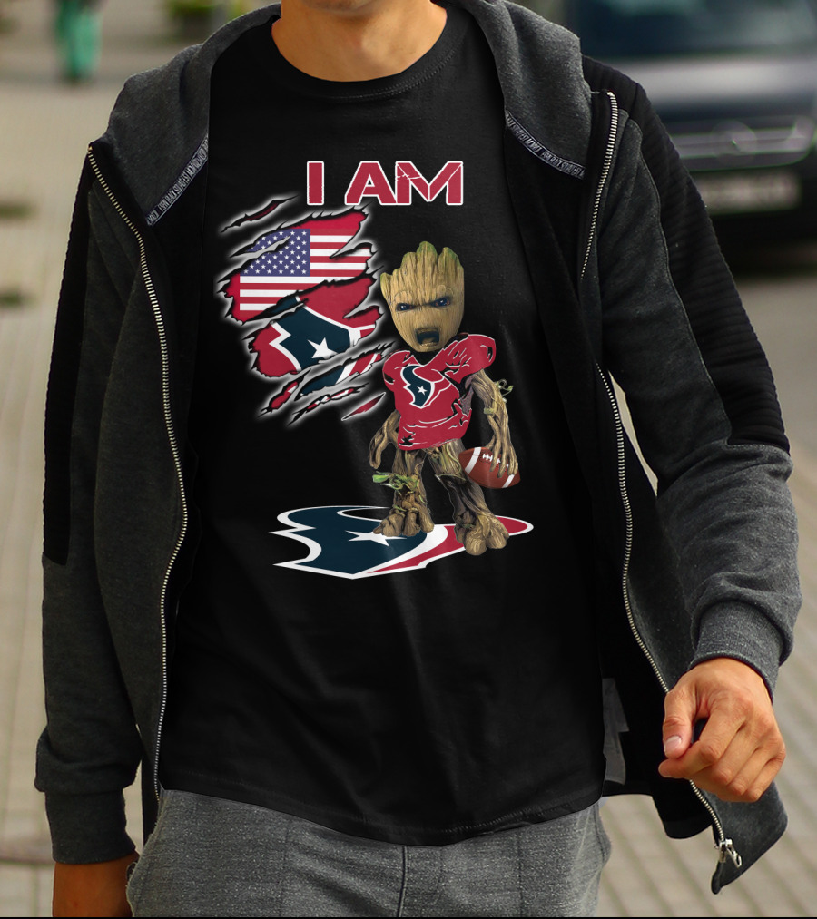 I Am Texans Baby Groot American Flag Football Fan T-Shirt