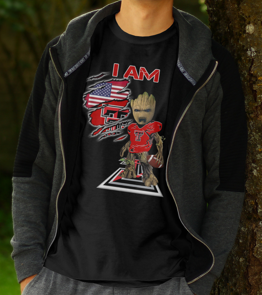 I AM Texas Tech Football American Flag Baby Groot T-Shirt