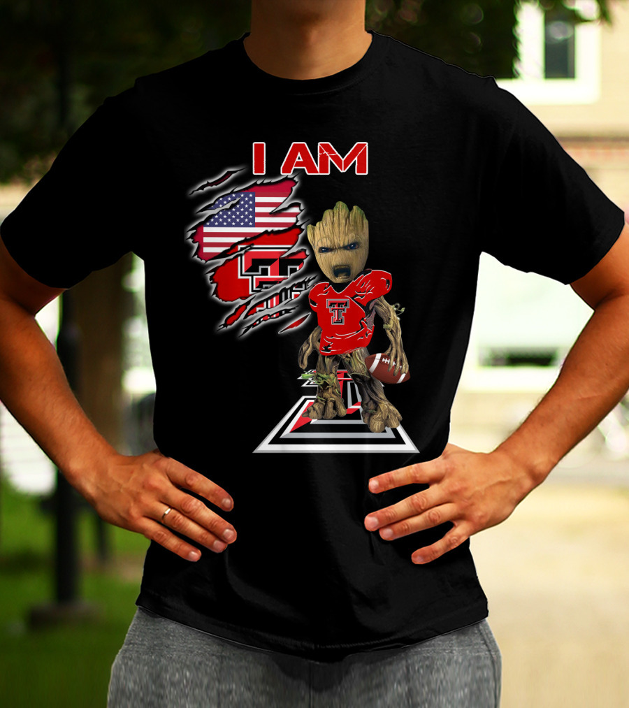 I AM Texas Tech Football American Flag Baby Groot T-Shirt