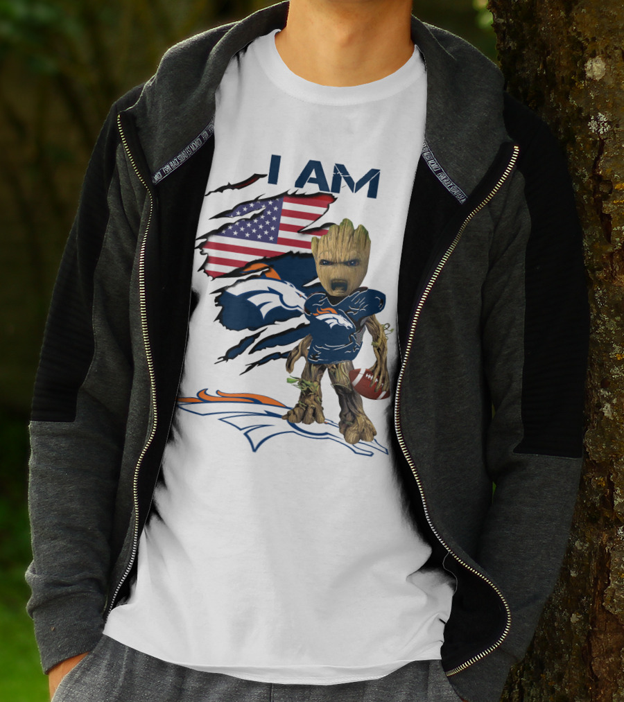 I Am Broncos Baby Groot American Flag Football T-Shirt