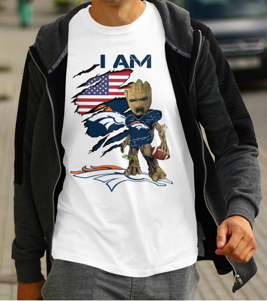 I Am Broncos Baby Groot American Flag Football T-Shirt
