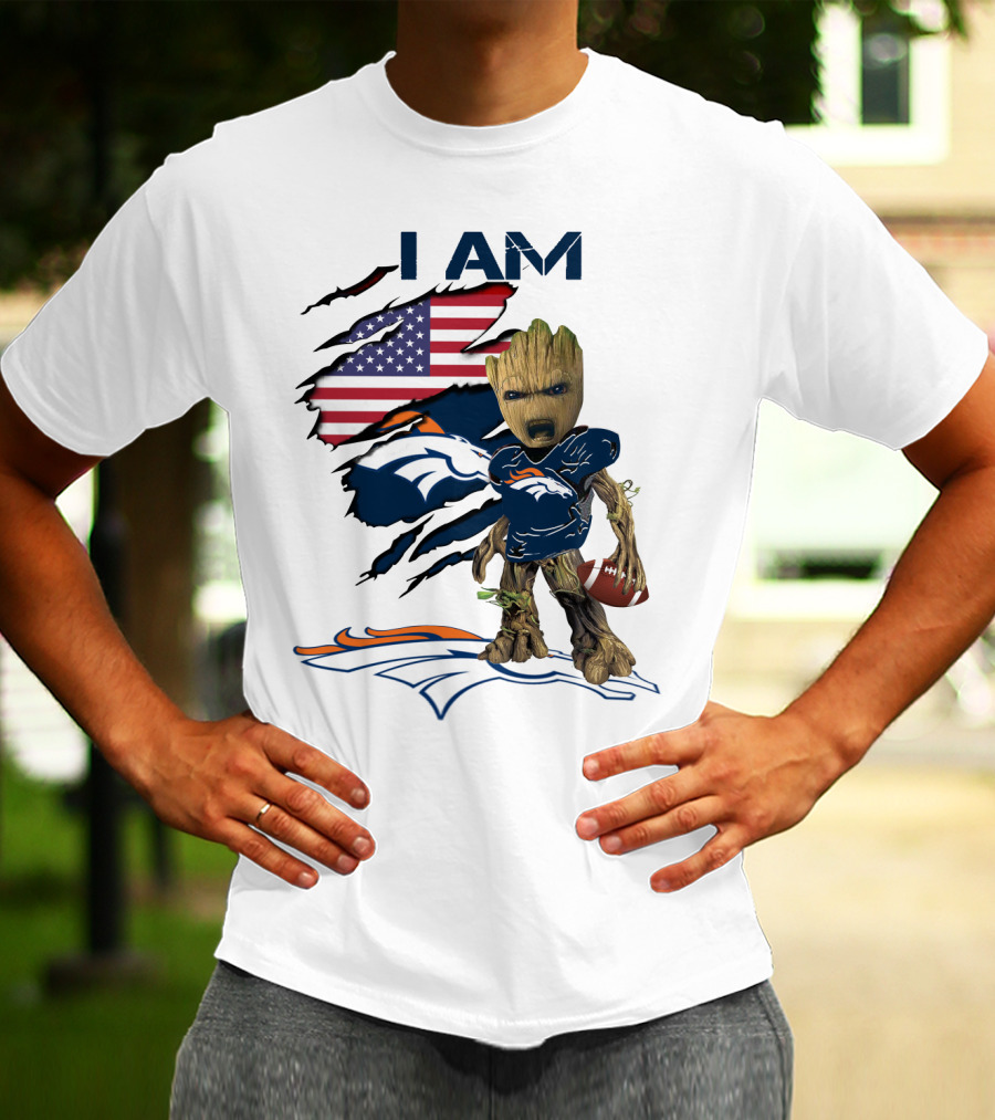 I Am Broncos Baby Groot American Flag Football T-Shirt