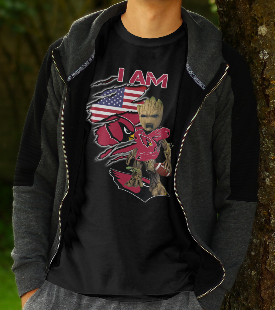 I Am Arizona Cardinals Baby Groot American Flag T-Shirt