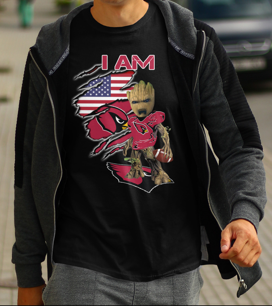 I Am Arizona Cardinals Baby Groot American Flag T-Shirt