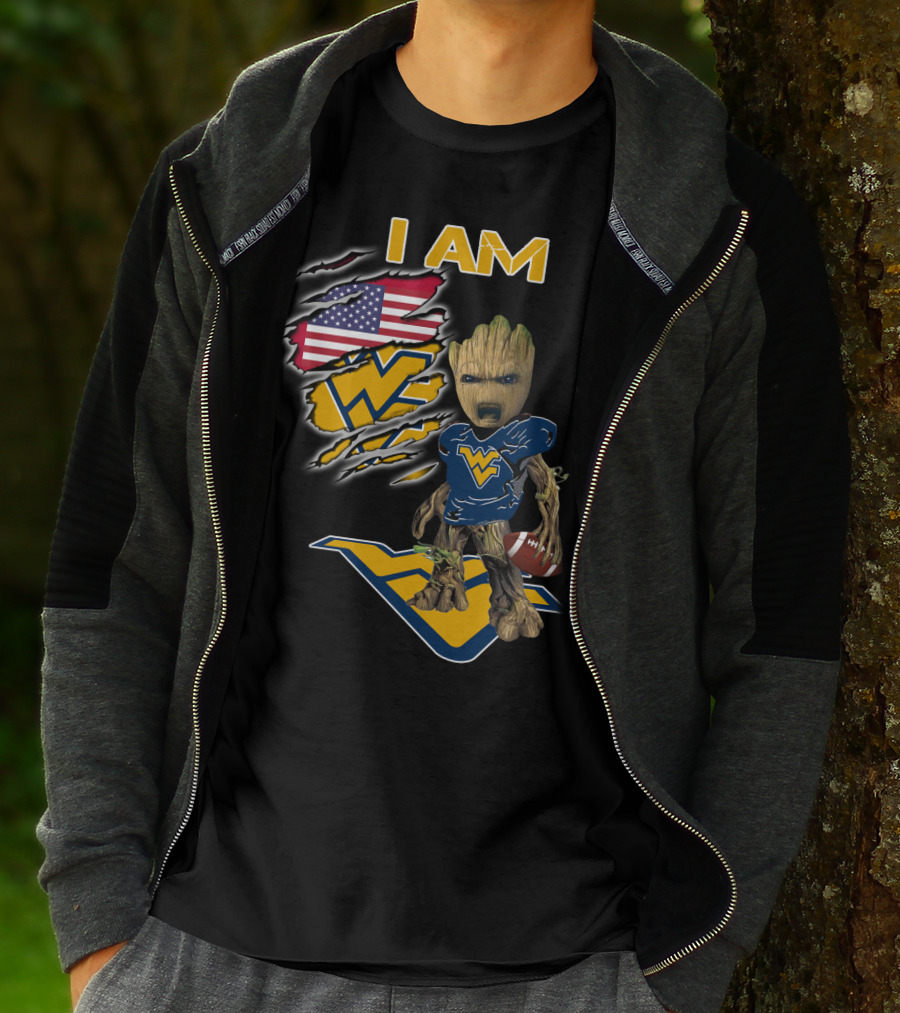 I AM West Virginia Mountaineers Baby Groot Football Fan USA Flag T-Shirt