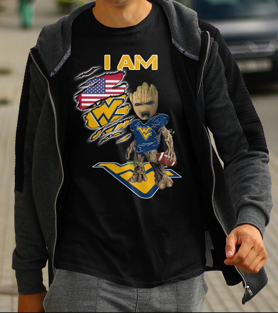 I AM West Virginia Mountaineers Baby Groot Football Fan USA Flag T-Shirt