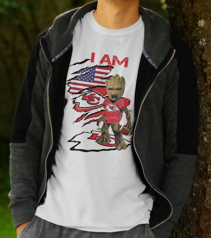 I Am Chiefs Baby Groot American Flag Football KC T-Shirt