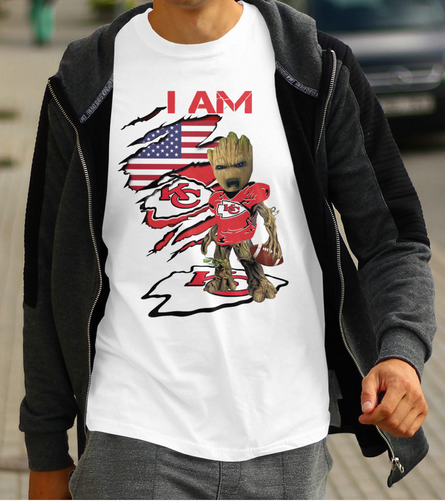 I Am Chiefs Baby Groot American Flag Football KC T-Shirt