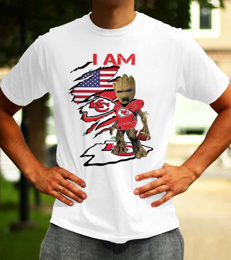 I Am Chiefs Baby Groot American Flag Football KC T-Shirt