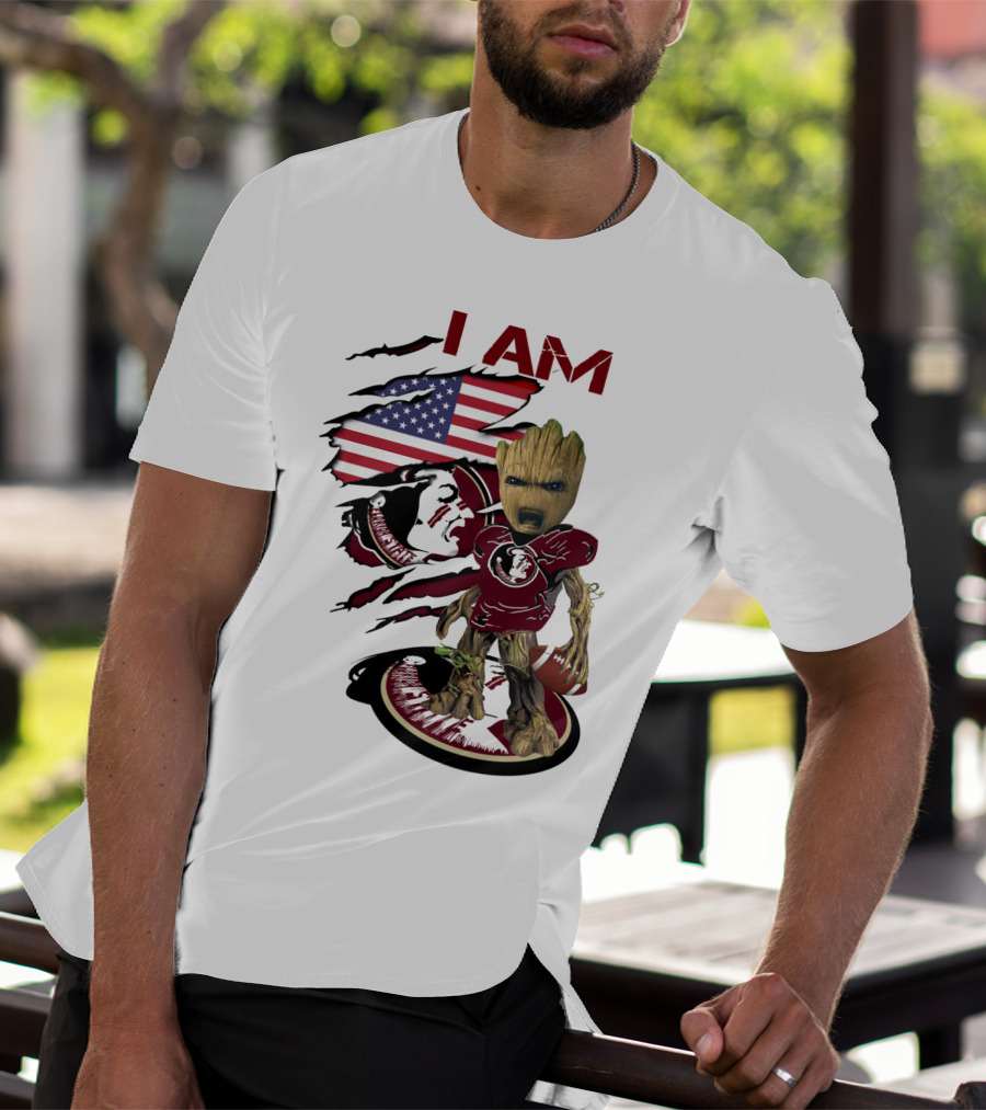 I Am Florida State University Baby Groot With American Flag And Football T-Shirt