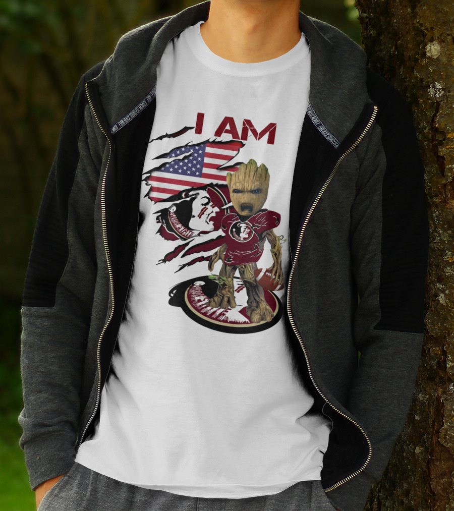 I Am Florida State University Baby Groot With American Flag And Football T-Shirt