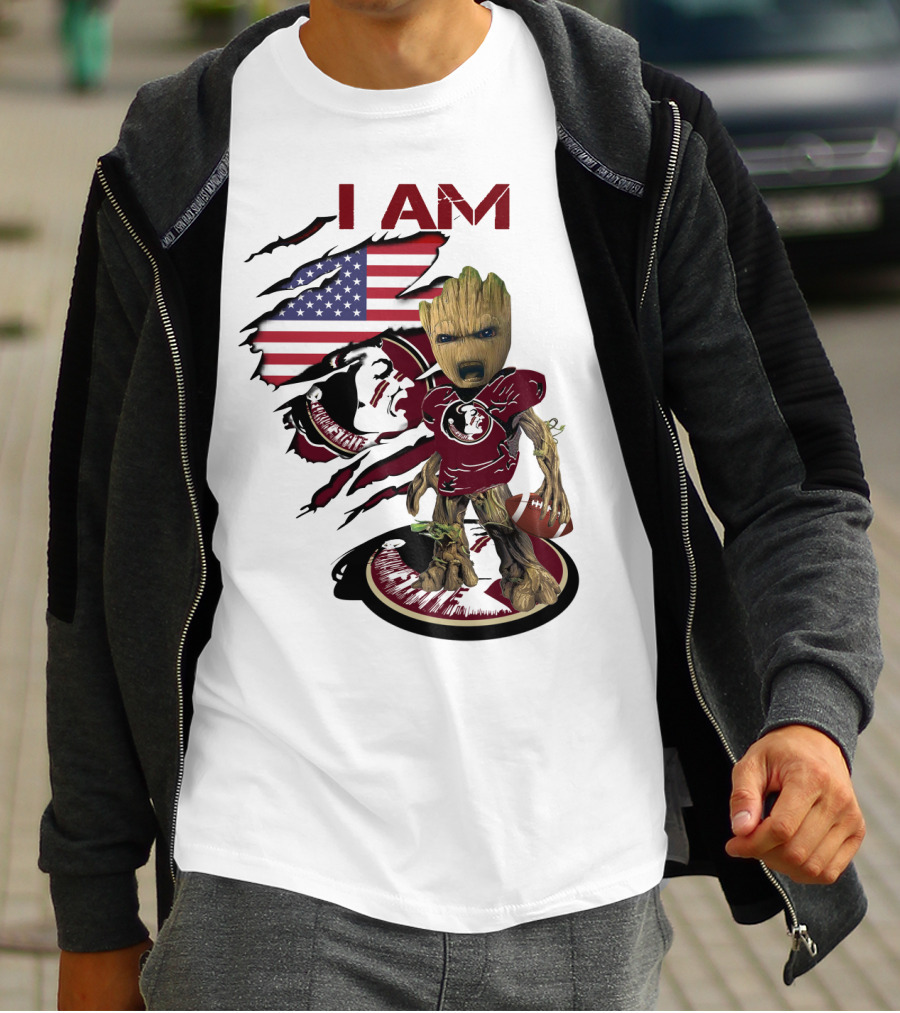 I Am Florida State University Baby Groot With American Flag And Football T-Shirt