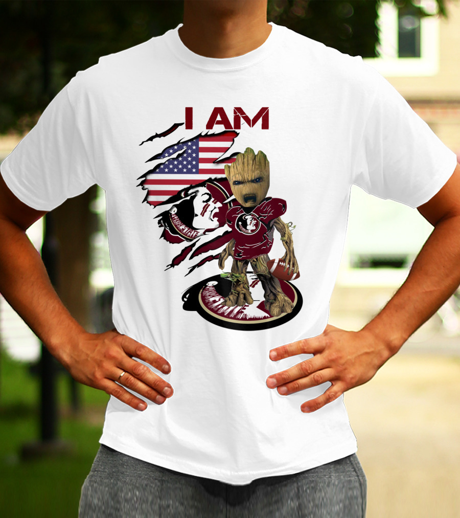 I Am Florida State University Baby Groot With American Flag And Football T-Shirt