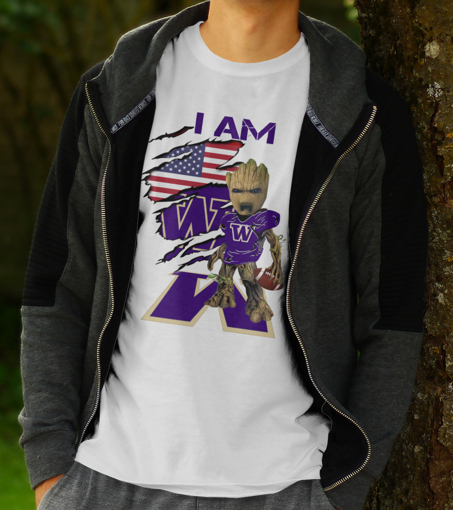 I AM Hukies W Baby Groot Football American Flag T-Shirt