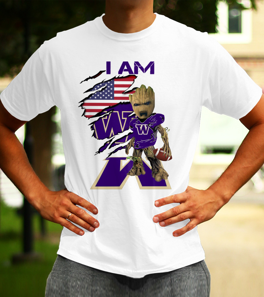 I AM Hukies W Baby Groot Football American Flag T-Shirt