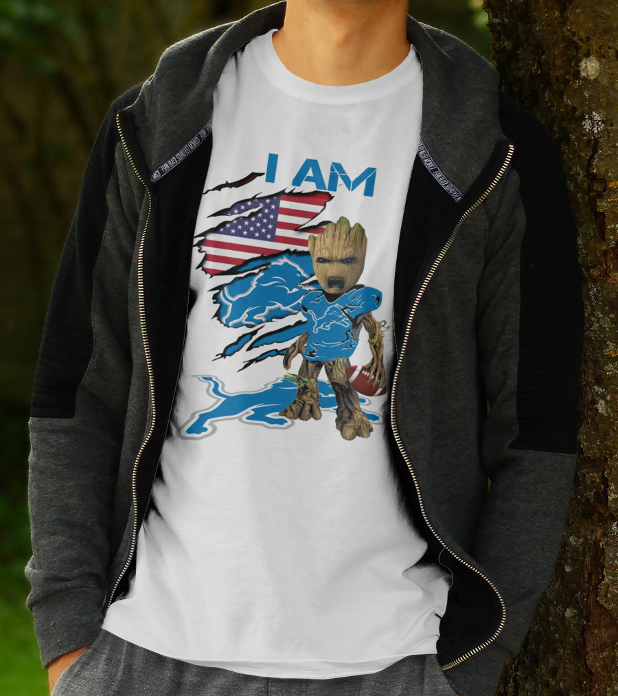 I AM Lions Baby Groot Football American Flag T-Shirt