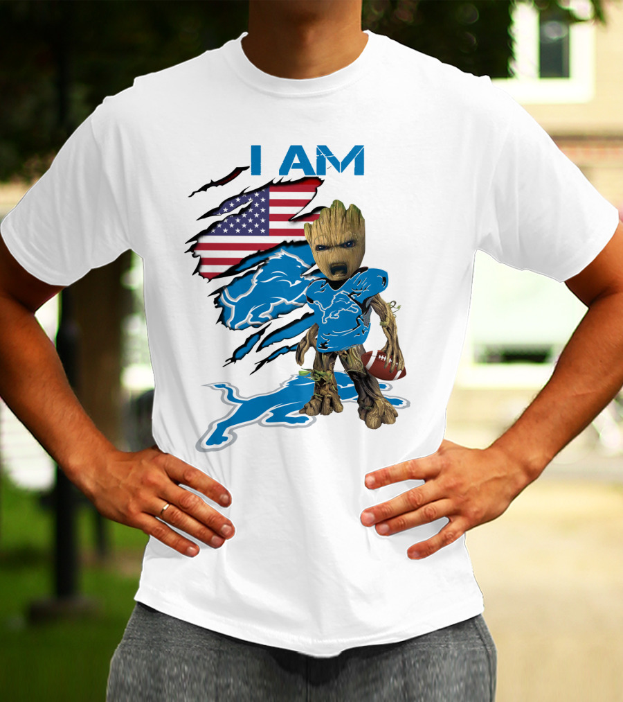 I AM Lions Baby Groot Football American Flag T-Shirt