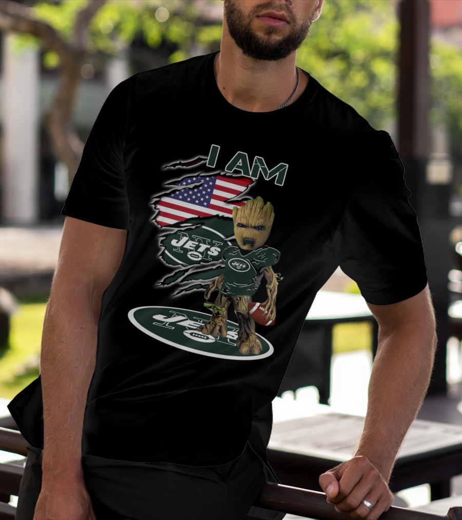 I Am Jets Baby Groot American Flag Football T-Shirt