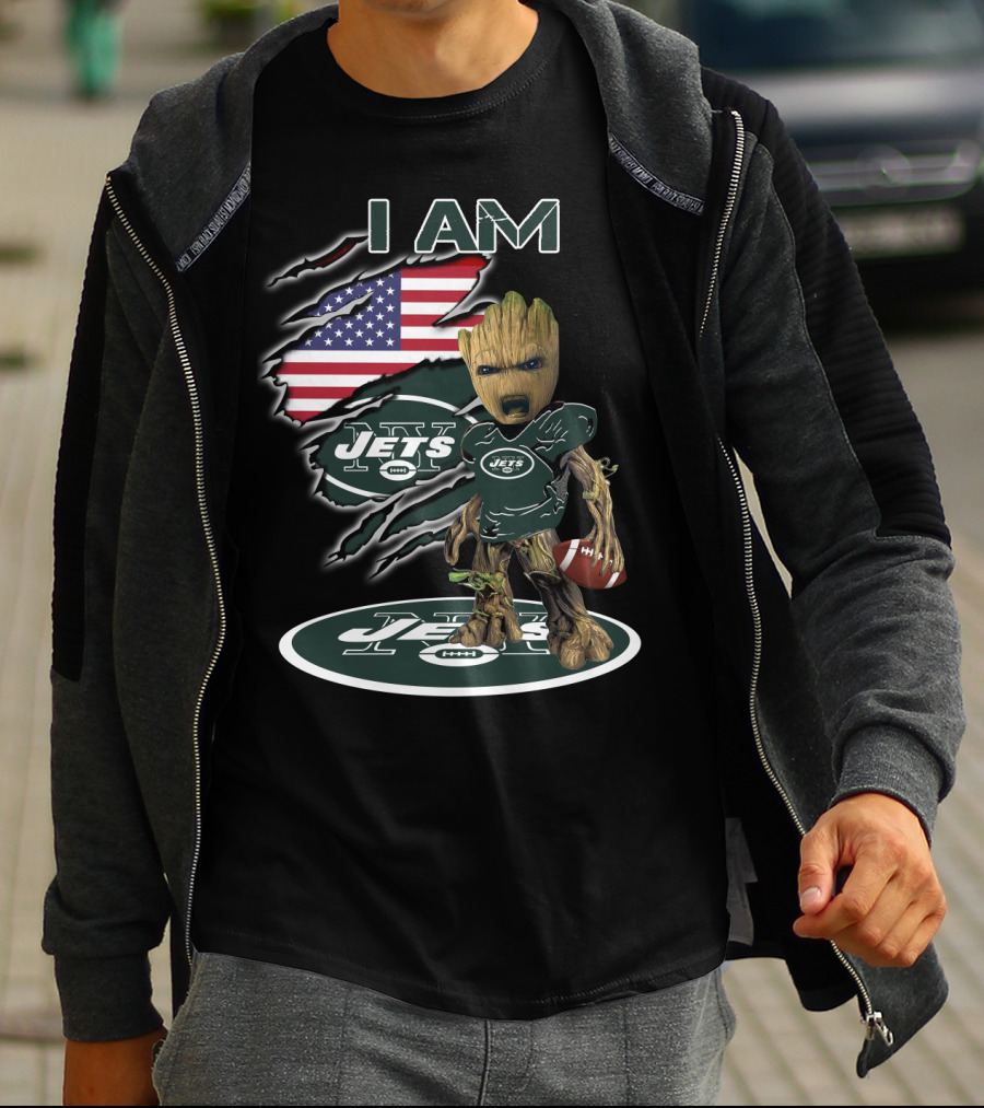 I Am Jets Baby Groot American Flag Football T-Shirt