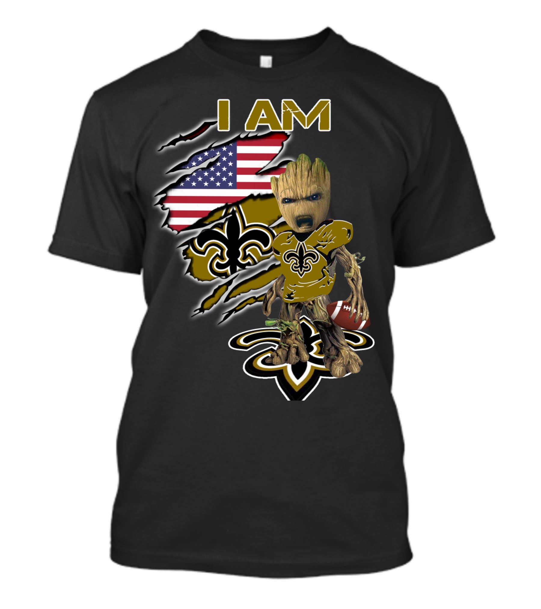 I Am Saints Baby Groot American Flag Football Fleur De Lis T-Shirt