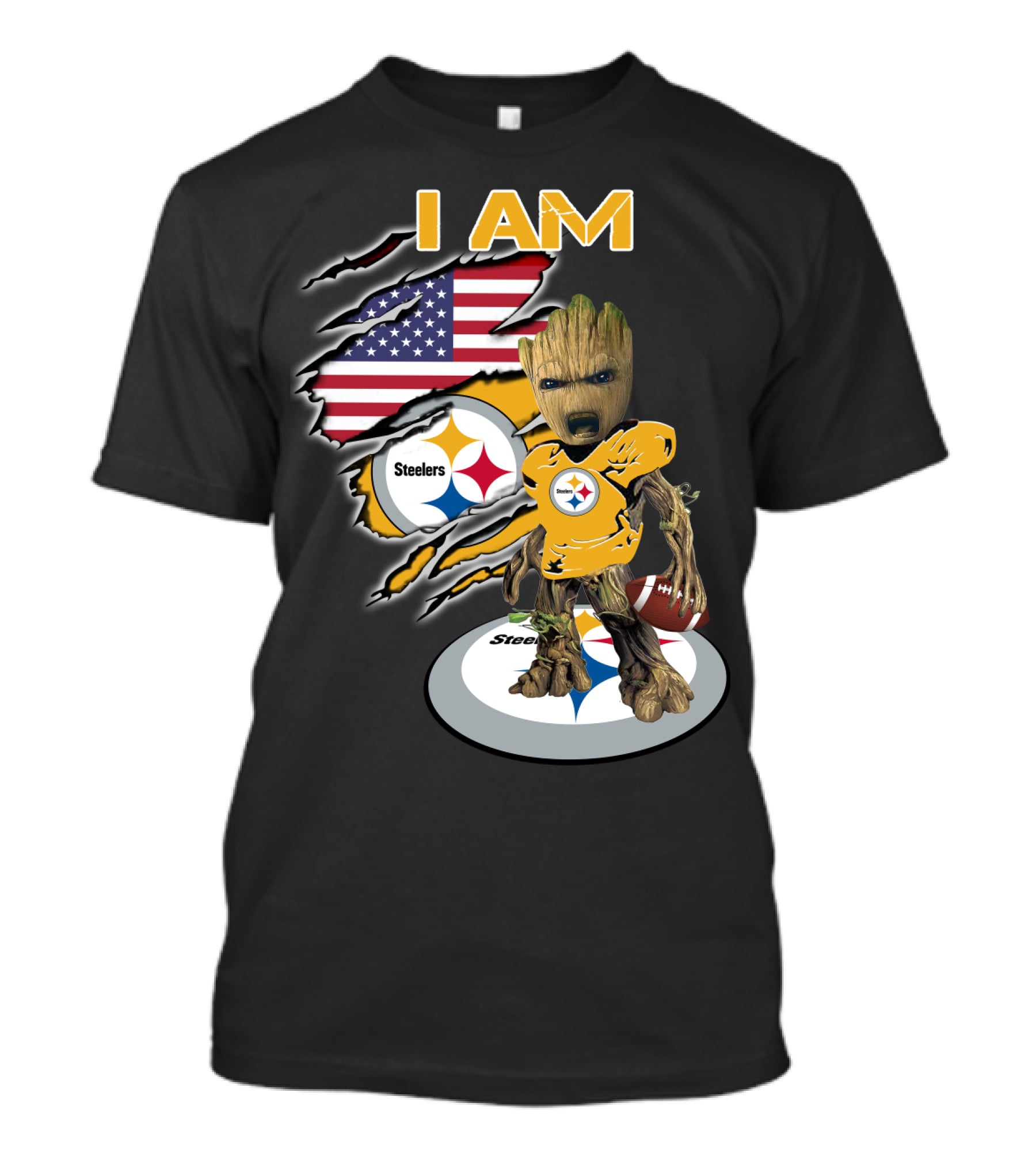 I Am Steelers Baby Groot American Flag Football Nfl Character T-Shirt