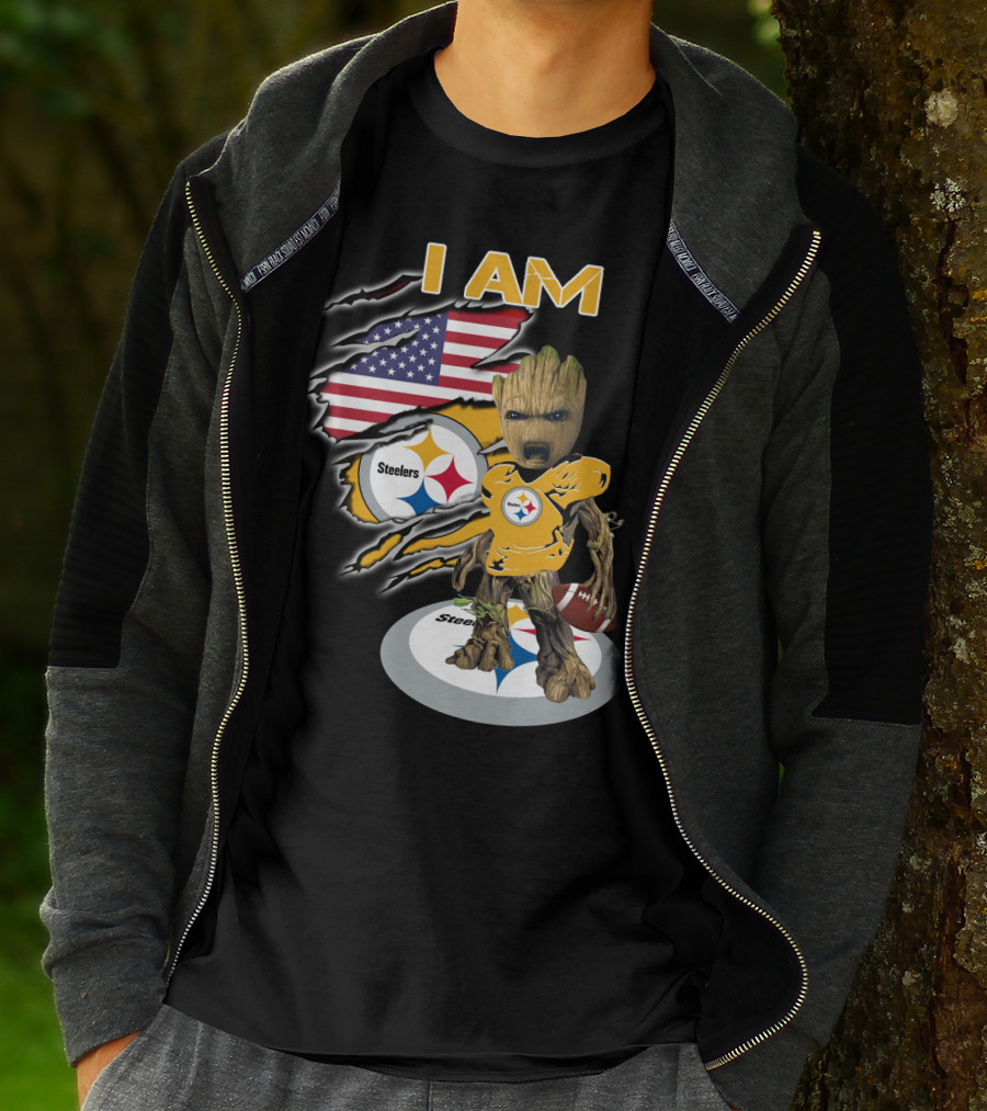 I Am Steelers Baby Groot American Flag Football Nfl Character T-Shirt