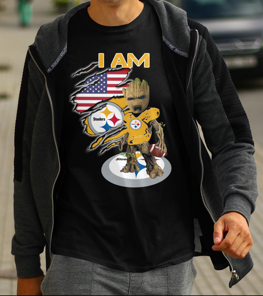 I Am Steelers Baby Groot American Flag Football Nfl Character T-Shirt