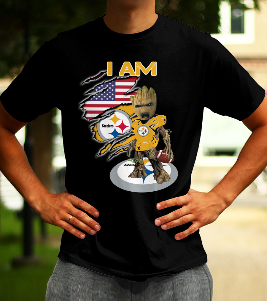 I Am Steelers Baby Groot American Flag Football Nfl Character T-Shirt