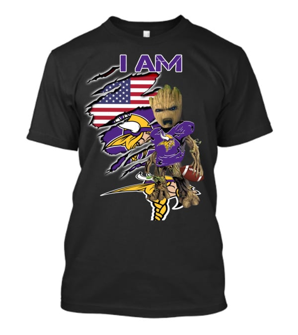 I AM Vikings Baby Groot American Flag Football T-Shirt