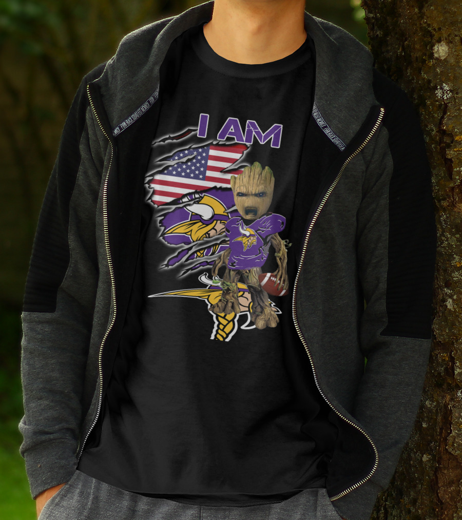 I AM Vikings Baby Groot American Flag Football T-Shirt